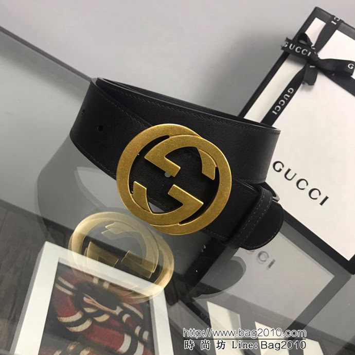 GUCCI古馳 官方經典款 正品規格 原單品質 對版定制皮料 復古烤漆雙G亞黑扣 男士皮帶  xfp1086